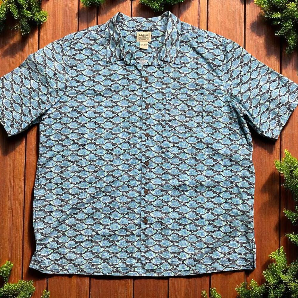 L.L. Bean Vintage Outdoors Fishing AOP Blue Button Front Shirt Men's Size XL